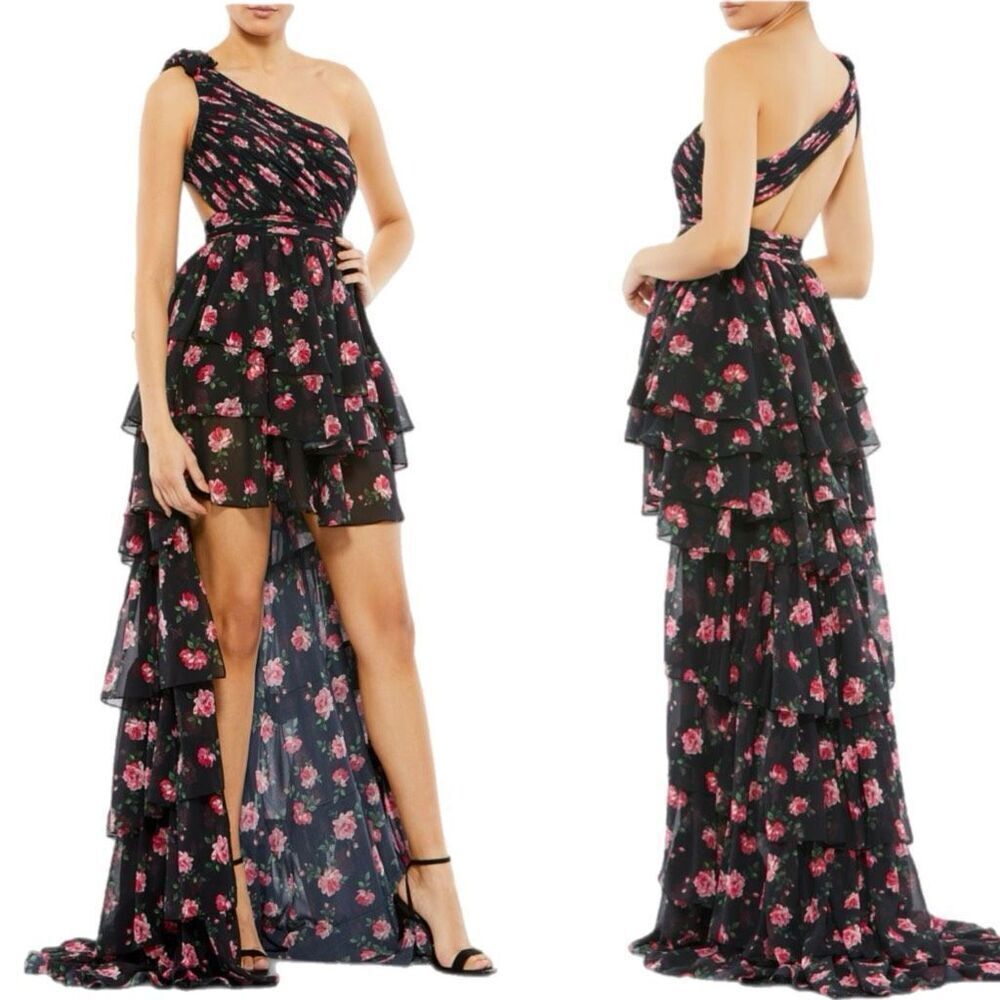 NWT Mac Duggal one-shoulder, high-low black gown with a red/pink floral print.